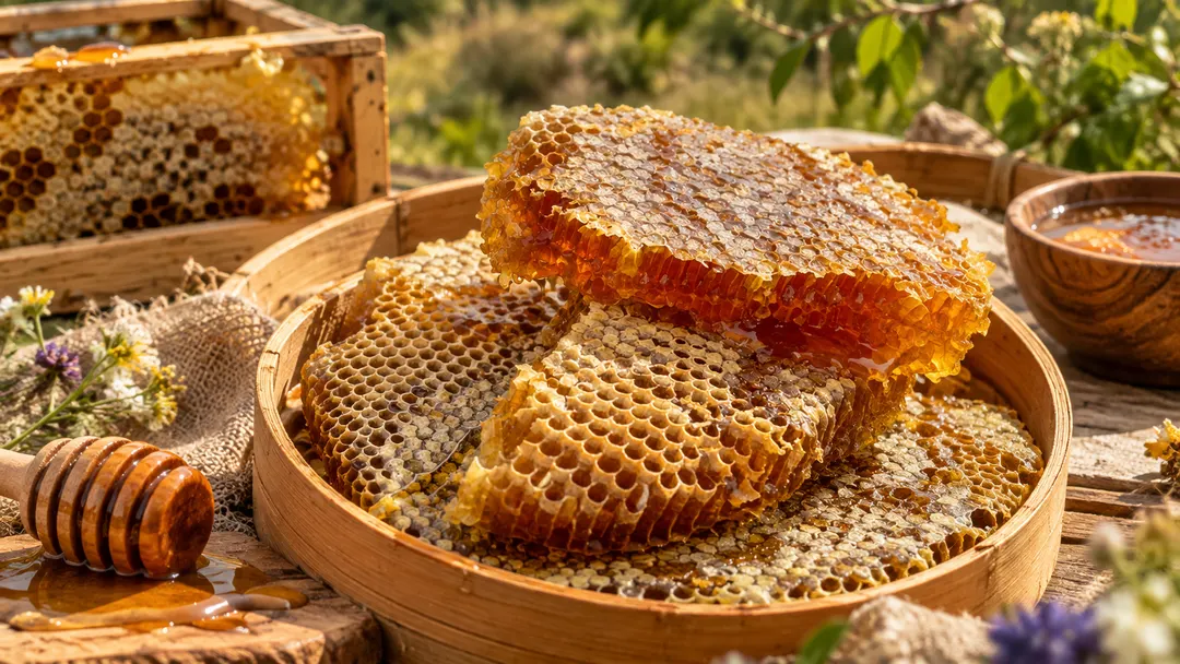 Pieces of MAL natural honeycomb in a round wooden tray, a framed comb and a bowl of honey beside it, wildflowers around.