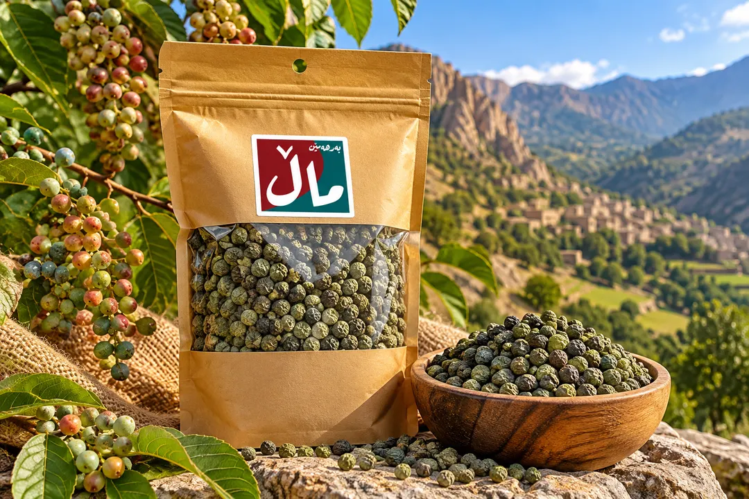 A kraft pouch of MAL kezwan beside a wooden bowl of dried wild pistachio berries, with kezwan branches and a mountain village behind.