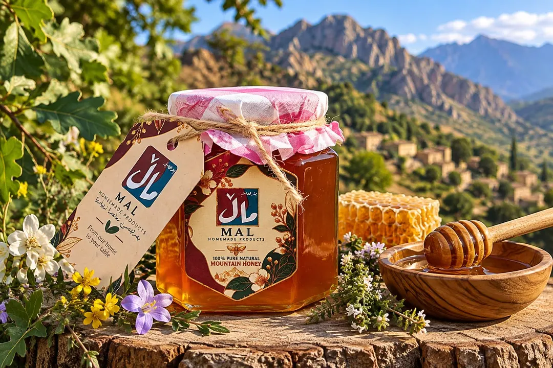 A jar of MAL mountain honey with a cloth lid, beside honeycomb and a wooden honey dipper, mountains behind.