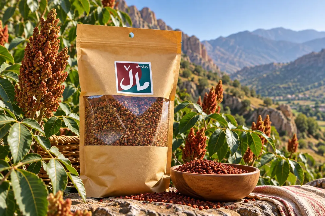A kraft pouch of MAL sumaq beside a wooden bowl of red sumaq berries, with sumaq plants and mountains behind.