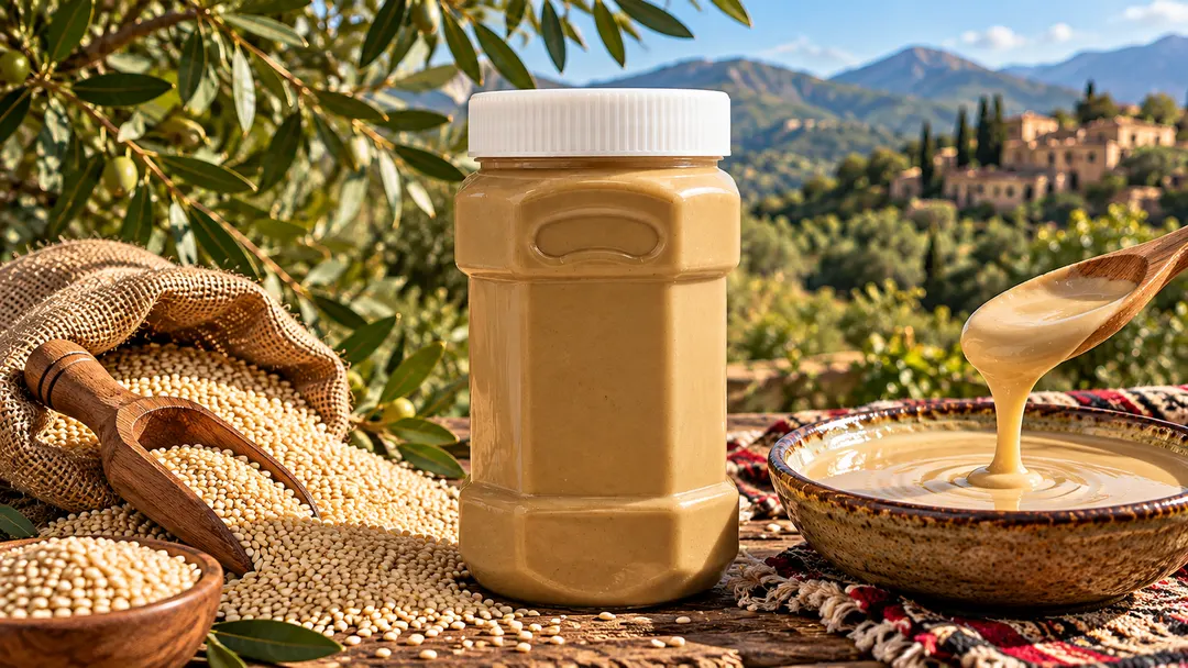 A jar of MAL tahini with a white lid, beside a burlap sack of sesame seeds, a wooden scoop and a bowl of tahini, a mountain village behind.