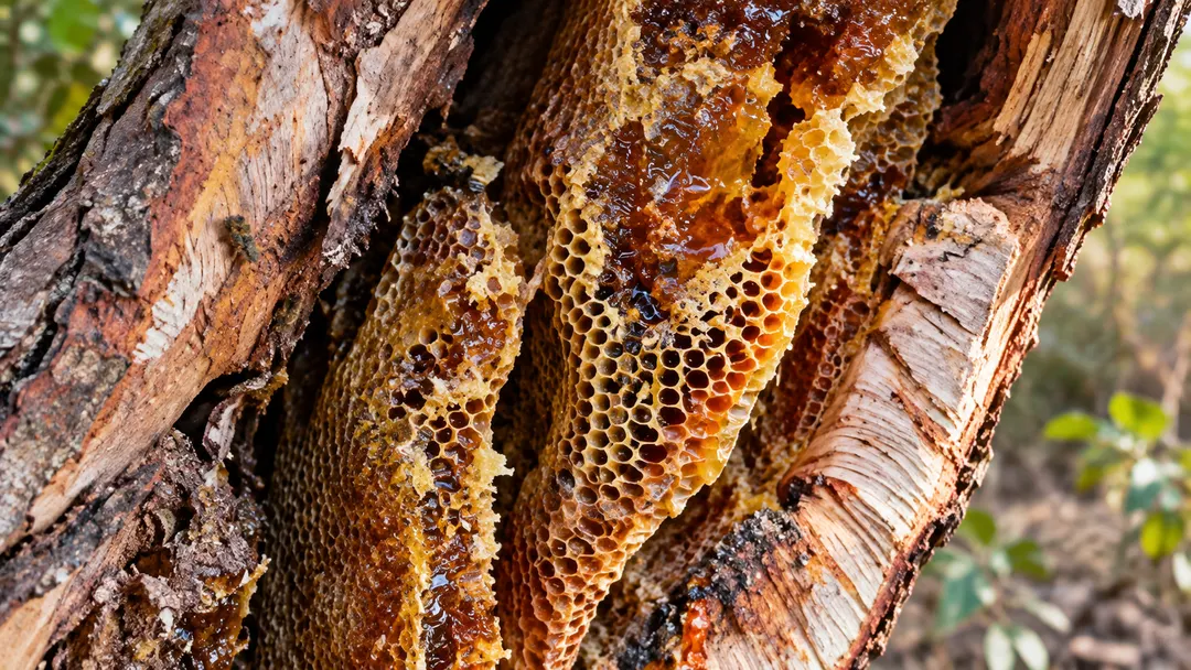Wild honeycomb dripping with dark honey inside the hollow trunk of an old tree, a bee on the bark.